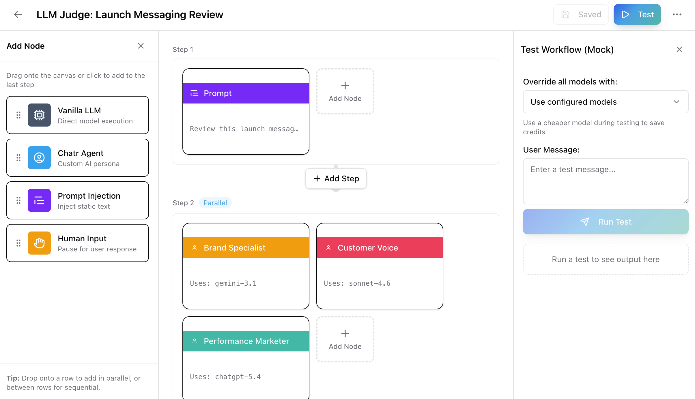 Mocked workflow builder configured for the launch messaging review scenario
